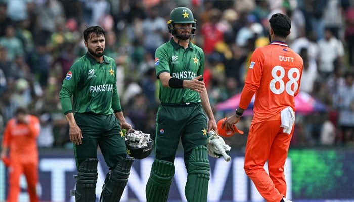 Pakistans Faheem Ashraf (left) and Shaheen Afridi shake hands with Netherlands Arya Duttr after their match in the ICC Mens T20 World Cup 2026 at Colombo’s Sinhalese Sports Club (SSC) Ground on February 7, 2026. — AFP
