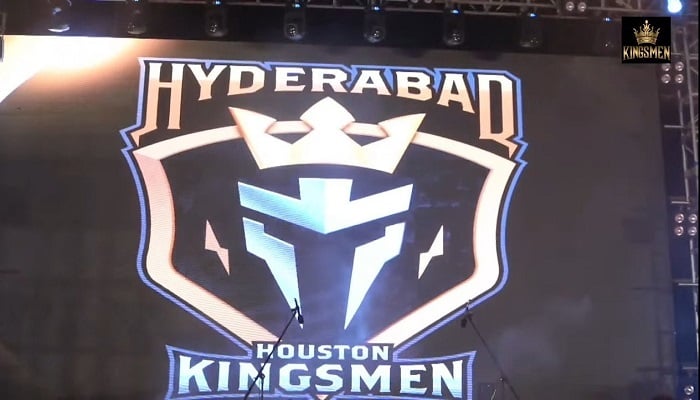 The logo and team name of the seventh PSL franchise, Hyderabad Houston Kingsmen, shine on a giant screen during the grand unveiling ceremony. — X/_FaridKhan