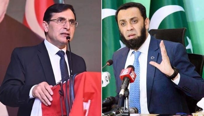 PTI) Chairman Barrister Gohar Ali (left) and Information Minister Atta Tarar. — Instagram/@barristergoharkhanpti/APP
