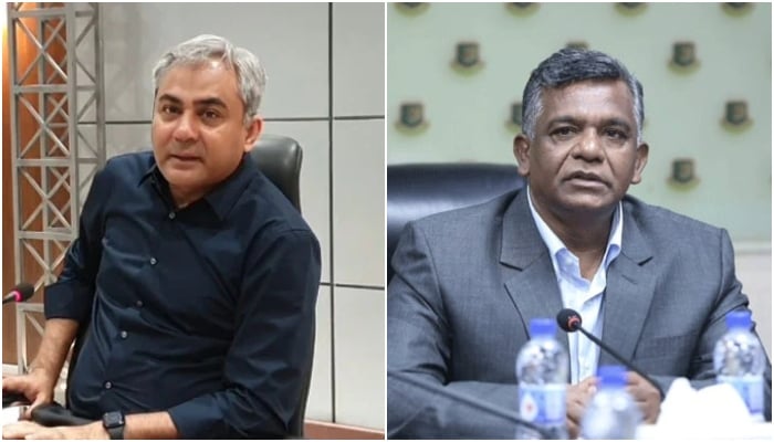 A collage showing PCB Chairman Mohsin Naqvi (left) and BCB President Aminul Islam. — PCB/X@ShakeelktkKhan/File