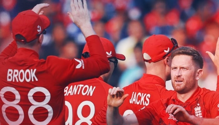 England players celebrate a wicket during their ICC Mens T20 World Cup against Nepal at Wankhede Stadium in Mumbai, India, February 08, 2026. — England Cricket