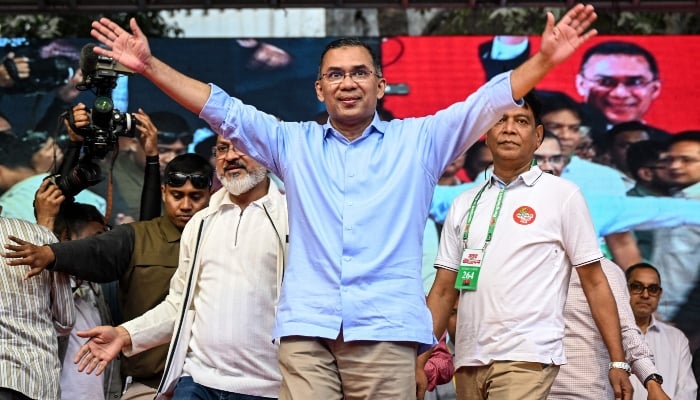 Bangladesh Nationalist Party (BNP) Chairman Tarique Rahman arrives to address an election rally ahead of the countrys general election in Dhaka on February 8, 2026. — AFP