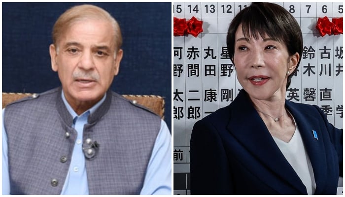 A collage showing PM Shehbaz Sharif and Japans re-elected PM Sanae Takaichi. — X@abubakarumer/AFP/File