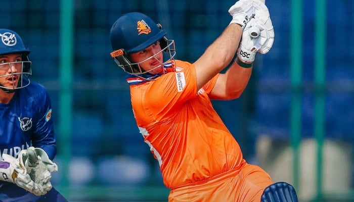 Opener Michael Levitt plays a shot during the ICC Mens T20 World Cup match between against Namibia at Arun Jaitley Stadium on February 10, 2026 in Delhi, India. — Instagram@kncbcricket