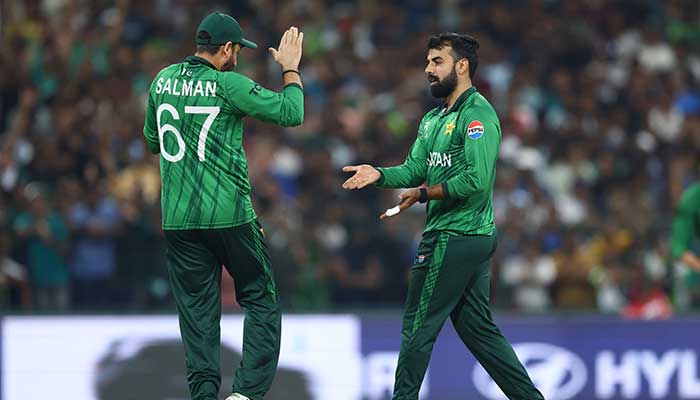 Pakistans Shadab Khan celebrates taking a wicket with skipper Salman Ali Agha during ICC Mens T20 World Cup match against USA at the SSC Ground in Colombo on February 10, 2026. — PCB