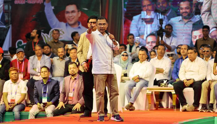 Bangladesh Nationalist Party (BNP) chairman Tarique Rahman gestures to supporters during the final day of election campaign rally, ahead of the national election, in Jatrabari, Dhaka, Bangladesh, February 9, 2026. — Reuters