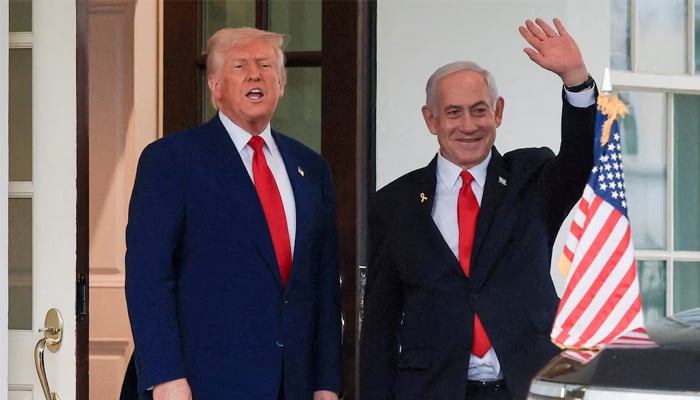 US President Donald Trump speaks as Israeli Prime Minister Benjamin Netanyahu waves following a meeting in the White House, in Washington, US, April 7, 2025. — Reuters