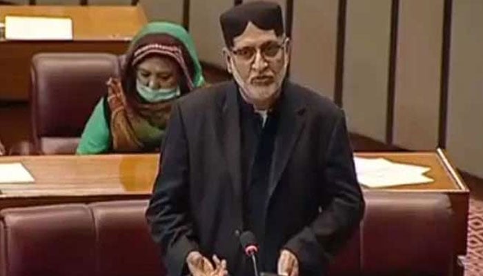 Balochistan National Party-Mengal chief Sardar Akhtar Mengal speaks at a parliament session in an undated picture. — X/@sakhtarmengal/File