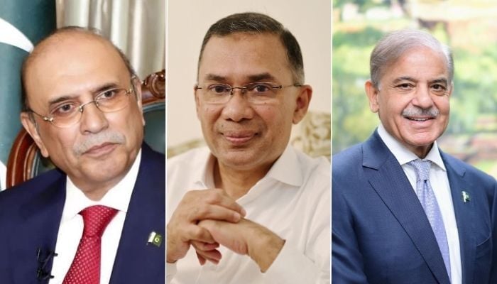 (From left) President of Pakistan Asif Ali Zardari, Chairman of the Bangladesh Nationalist Party Tarique Rahman and Prime Minister of Pakistan Shehbaz Sharif. — X/Reuters/@PPPMediaCell