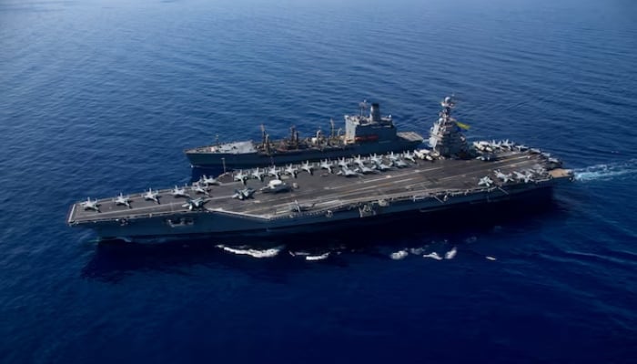 The worlds largest aircraft carrier USS Gerald R Ford steams alongside USNS Laramie during a fueling-at-sea in the eastern Mediterranean Sea. — Reuters