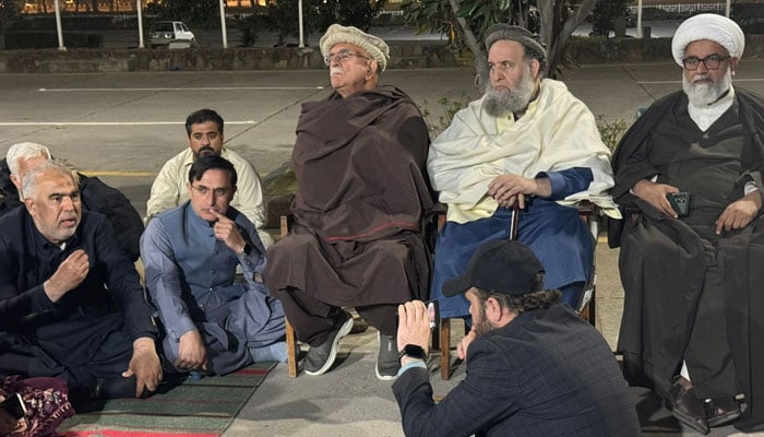 TTAP chief Mehmood Khan Achakzai, TTAP leader Allama Raja Nasir Abbas, PTI Chairman Barrister Gohar Ali Khan and others stage a protest outside Parliament House in Islamabad on February 14, 2026. — X@TTAP_OFFICIAL