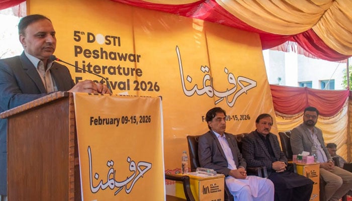 A speaker addresses 5th Dosti Peshawar Literature Festival 2026 in this image released on February 16, 2026. — Facebook@peshawarfest