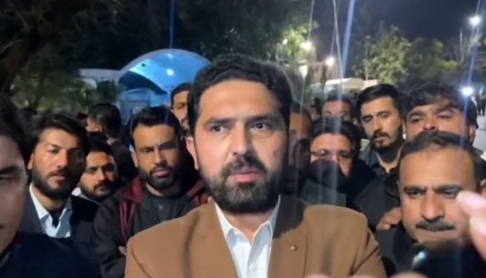 Khyber Pakhtunkhwa Chief Minister Sohail Afridi talking to the media outside the KP House in Islamabad on February 17, 2026. — Facebook@KPChiefMinister/Screengrab
