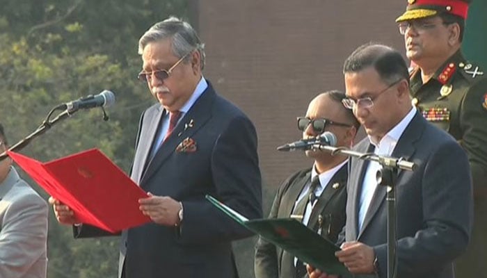 BNP leader Tarique Rahamn takes oath as Prime Minister of Bangladesh in Dhaka on February 17, 2026. — Geo News live screengrab