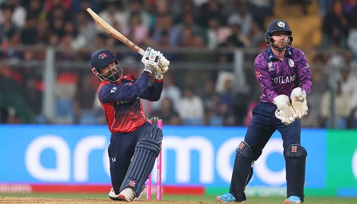 Nepals Kushal Bhurtel plays a shot during ICC Mens T20 World Cup 2026 group-stage match against Scotland at Wankhede Stadium, Mumbai, on February 17, 2026. — ICC