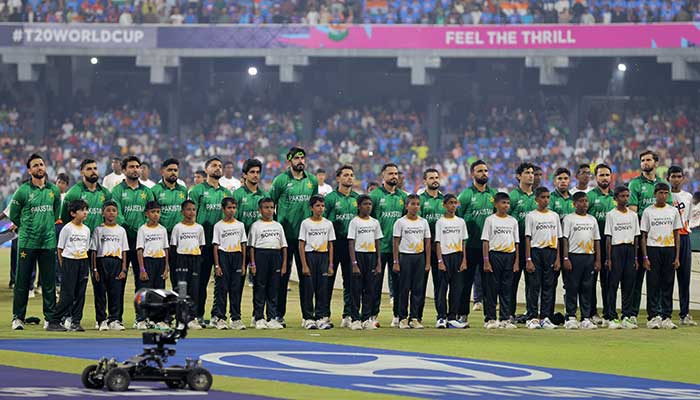 Pakistan players line up during the national anthem before the ICC Mens T20 World Cup 2026 group-stage match against India at R Premadasa International Cricket Stadium, Colombo, Sri Lanka, on February 15, 2026. — Reuters