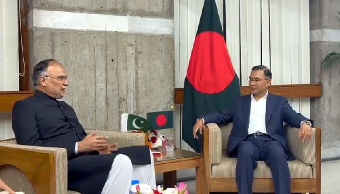 Planning Minister Ahsan Iqbal speaks to Bangladesh PM Tarique Rahman during a meeting after the latter’s inauguration. — X/PlanComPakistan