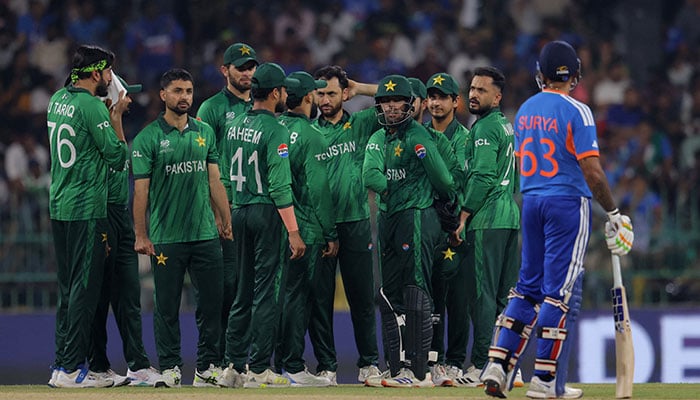 Pakistan players wait for a video review on a potential dismissal for Indias Suryakumar Yadav during T20 World Cup 2026 match against India at R Premadasa International Cricket Stadium, Colombo, Sri Lanka on February 15, 2026. — Reuters