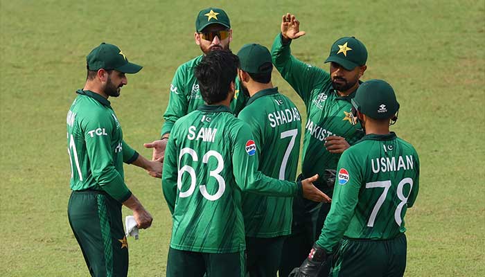 Pakistan players celebrate after a wicket during the ICC Mens T20 World Cup group-stage match against Namibia at the SSC Cricket Ground, Colombo, on February 18, 2026. — PCB