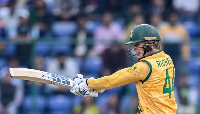 South Africa batter Ryan Rickelton in action during match against United Arab Emirates at Arun Jaitley Stadium in New Delhi, India, February 18, 2026. — ICC