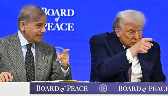 Prime Minister Shehbaz Sharif (left) and US President Donald Trump at the “Board of Peace” meeting in Davos on January 22, 2026. — AFP