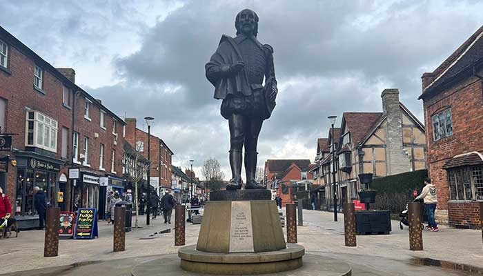 A statue of William Shakespeare stands outside Shakespeares Birthplace, his childhood home, in Stratford-upon-Avon, Britain, February 9, 2026. — Reuters