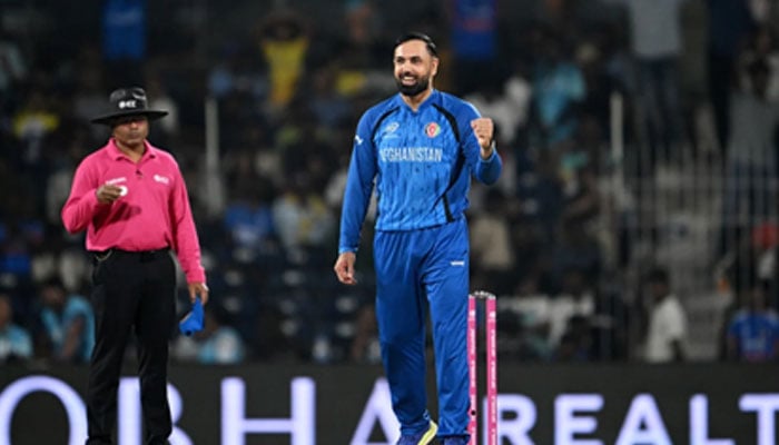 Afghanistan’s Muhammad Nabi celebrates after taking a wicket against Canada in their last group match of the ICC Men’s T20 World Cup at the MA Chidambaram Stadium on February 19, 2026.