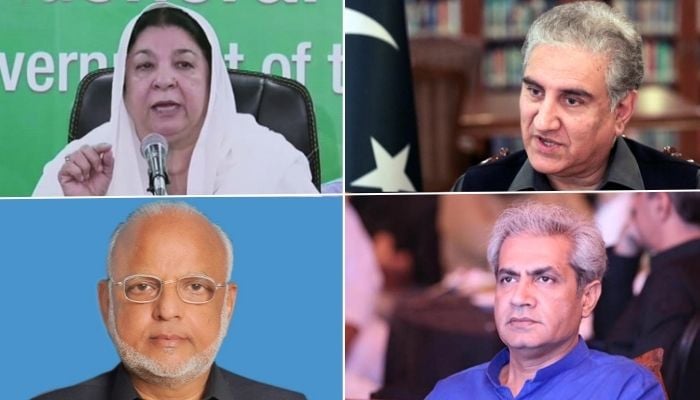 (Clockwise from top left) This collage shows PTI leaders Dr Yasmin Rashid, Shah Mahmood Qureshi, Omar Sarfraz Cheema and Ejaz Chaudhry. — Radio Pakistan/APP/Reuters/File