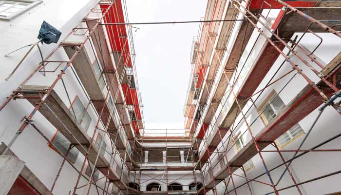 A scaffolding covers the back side of the birth house of former German dictator Adolf Hitler that is turned into a police station, pictured on February 17, 2026 in Braunau am Inn, Austria.— AFP