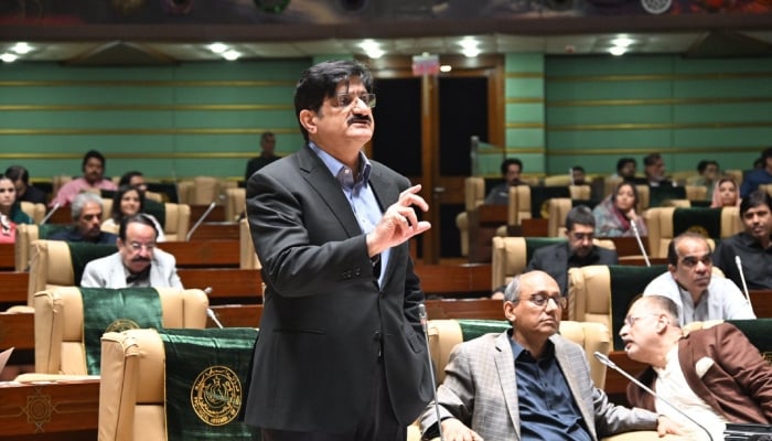 Sindh Chief Minister Murad Ali Shah speaks during a session of the Sindh Assembly, Karachi, February 21. 2026. — X/@SindhCMHouse