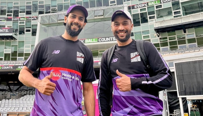Northern Superchargers Imad Wasim (left) and Mohammad Amir pose for a picture at Headingley in Leeds on August 7, 2025. — Facebook/official.mamir
