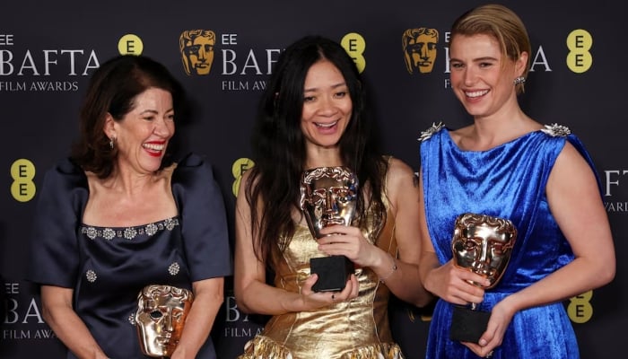 essie Buckley, director Chloe Zhao and Dame Pippa Harris pose with the Best Leading Actress Award and Outstanding British Film Award for Hamnet, at the 2026 British Academy of Film and Television Awards (BAFTA) at the Royal Festival Hall in the Southbank Centre, London, Britain, February 22, 2026. — Reuters