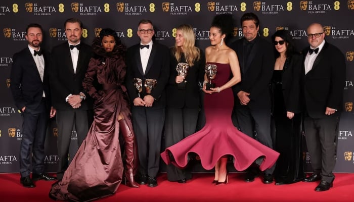 Director Paul Thomas Anderson, editor Andy Jurgensen, producer Sara Murphy, Cassandra Kulukundis, and cast members Leonardo DiCaprio, Benicio Del Toro, Teyana Taylor, Chase Infiniti pose with the awards at 2026 British Academy of Film and Television Awards (BAFTA) at the Royal Festival Hall, London, Britain, February 22, 2026. — Reuters