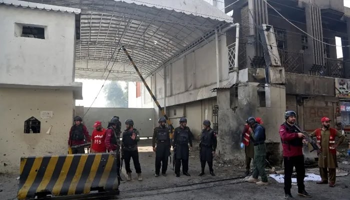 Army soldiers secure the entrance site after suicide bombers targeted the headquarters of Federal Constabulary in Peshawar, November 24, 2025. — Reuters