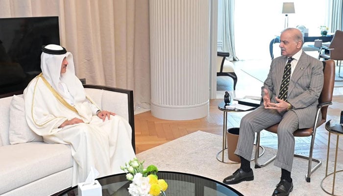 Qatars Minister of State on Foreign Trade Dr Ahmed bin Mohammed Al-Sayed calls on Prime Minister Shehbaz Sharif in Doha on February 24, 2026. — PID