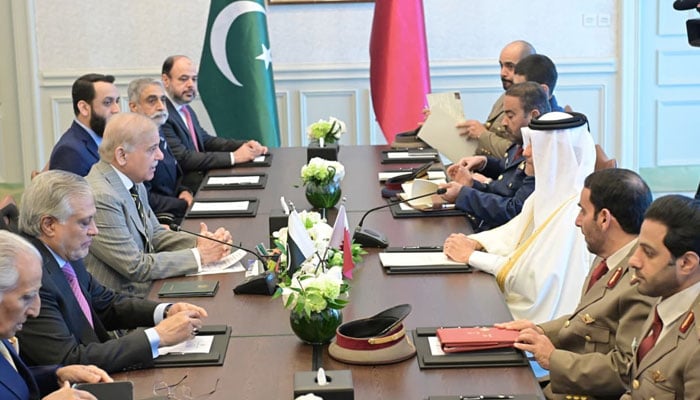Qatar’s Deputy Prime Minister and Minister of State for Defence Affairs Sheikh Saoud bin Abdulrahman bin Hassan bin Ali Al Thani calls on Prime Minister Shehbaz Sharif in Doha on February 24, 2026. — PID