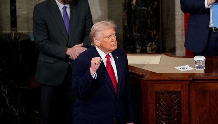 President Donald Trump gestures on the day he delivers the State of the Union address in the House Chamber of the US Capitol in Washington, DC, on February 24, 2026. — AFP