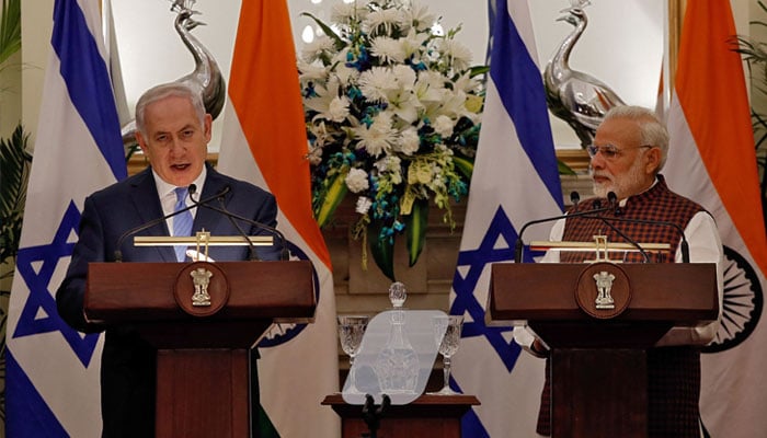 Israeli Prime Minister Benjamin Netanyahu (left) speaks as his Indian counterpart Narendra Modi looks on during a signing of agreements ceremony at Hyderabad House in New Delhi, India January 15, 2018. — Reuters