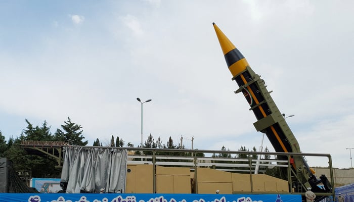 A new surface-to-surface ballistic missile called Khaibar with a range of 2,000 km, unveiled by Iran, is seen in Tehran, Iran, May 25, 2025. — Reuters