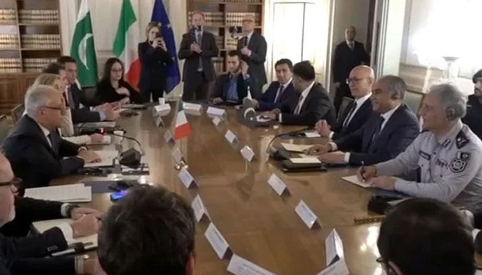 Interior Minister Mohsin Naqvi meets his Italian counterpart Matteo Piantedosi in Room on February 25, 2026. — Radio Pakistan