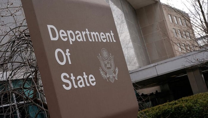 A general view of a US State Department sign in Washington, DC on March 4, 2025. — Reuters