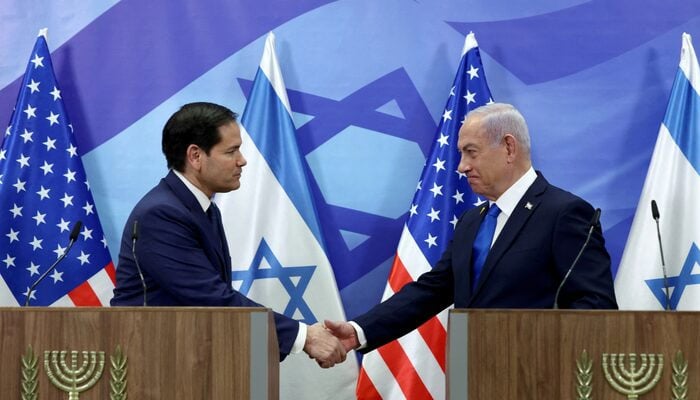US Secretary of State Marco Rubio and Israeli Prime Minister Benjamin Netanyahu shake hands as they make joint statements to the press at the Prime Ministers office in Jerusalem on February 16, 2025. — Reuters