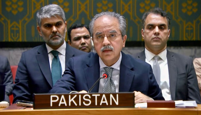 Ambassador Asim Iftikhar Ahmad, Pakistan’s permanent representative to the United Nations, speaks during emergency session on US-Israel attack on Iran, New York, United States, February 28, 2026. — X/@PakistanUN_NY