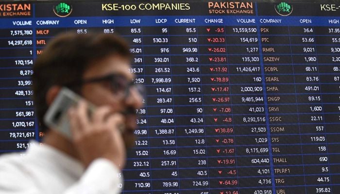 A trader monitors share prices at the Pakistan Stock Exchange in Karachi, March 2, 2026. — INP