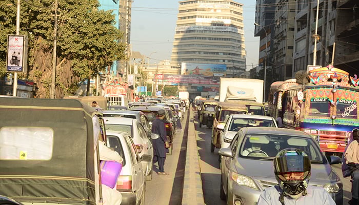 Severe traffic jam on II Chundrigar Road and its adjoining roads in Karachi, on March 3, 2026. — Jang