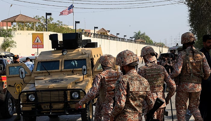 Paramilitary soldiers arrive during a protest outside the US and Israeli strikes on Iran that killed Irans Supreme Leader Ayatollah Ali Khamenei, in Karachi, March 1, 2026. — Reuters