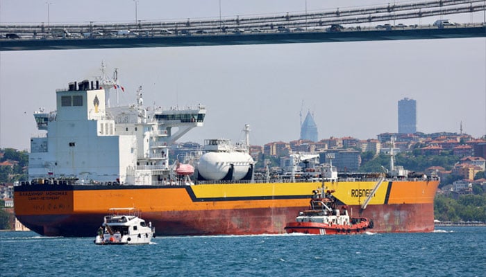 Rosnefts Russian-flagged crude oil tanker Vladimir Monomakh transits the Bosphorus in Istanbul, Turkiye, July 6, 2023. — Reuters