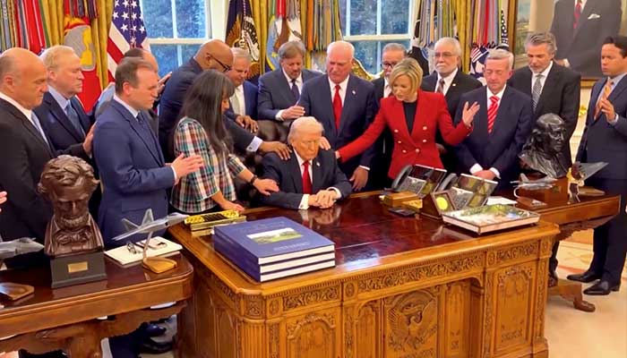 Group of pastors praying over US President Donald Trump in the Oval Office at White House. — Screengrab via X/@Scavino47