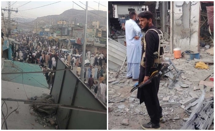 This collage shows aftermath of an improvised explosive device (IED) blast in Rustam Bazaar, Wana town in Khyber Pakhtunkhwas South Waziristan on March 7, 2026. — Reporter