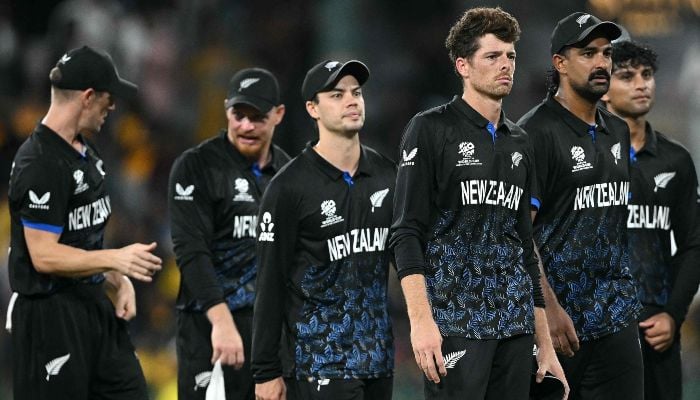 New Zealands captain Mitchell Santner (3R) walks off the ground with his teammates following their win during the 2026 ICC Mens T20 Cricket World Cup Super Eights match between Sri Lanka and New Zealand at the R Premadasa Stadium in Colombo on February 25, 2026. — AFP